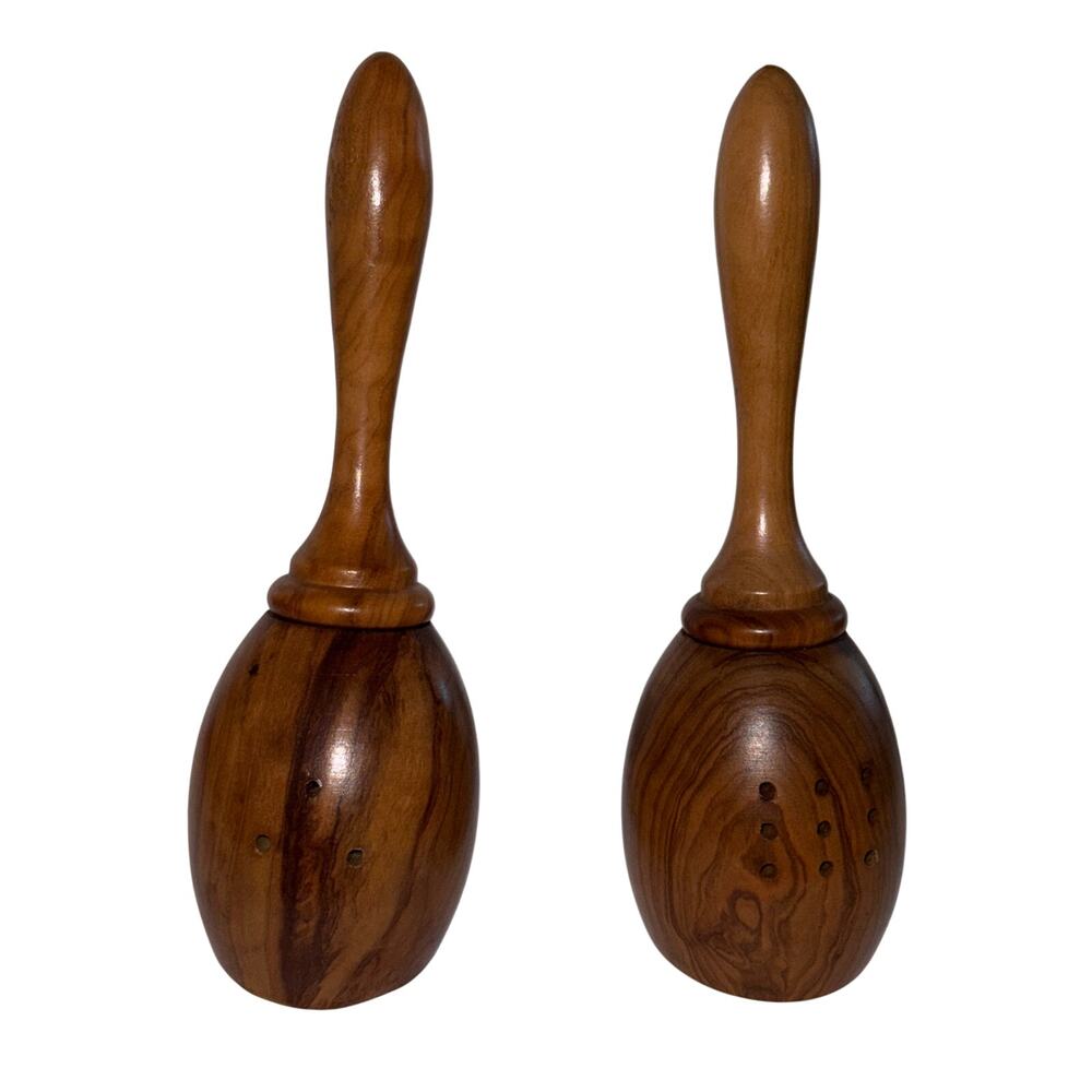Vintage Oliv-Art Maracas Salt & Pepper Shakers Olive Wood Made in Spain
